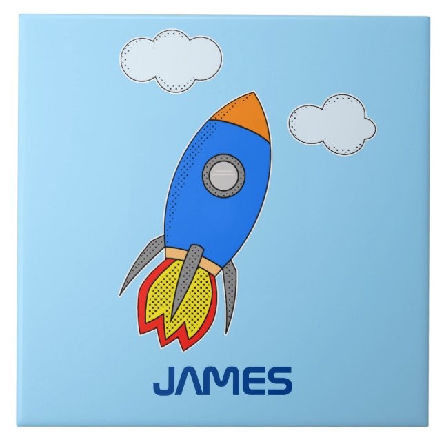 Cartoon Rocket In Blue Sky Nursery Decor Tile (Front)