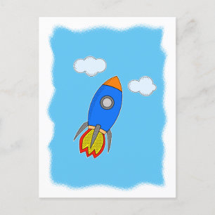 Cartoon Rocket In Blue Sky Postcard