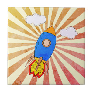 Cartoon Rocket Retro Sunset Decorative Tile