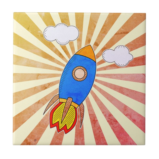 Cartoon Rocket Retro Sunset Decorative Tile (Front)