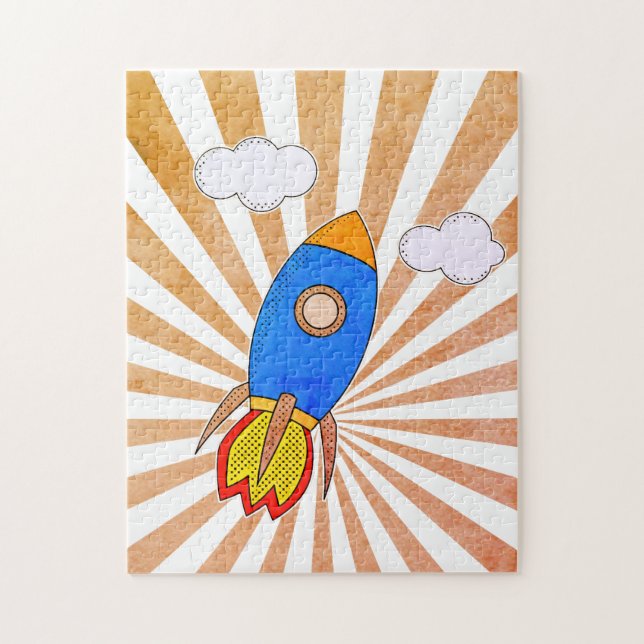 Cartoon Rocket Retro Sunset Jigsaw Puzzle (Vertical)