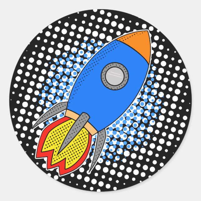 Cartoon Rocket With Halftones Galaxy Classic Round Sticker (Front)