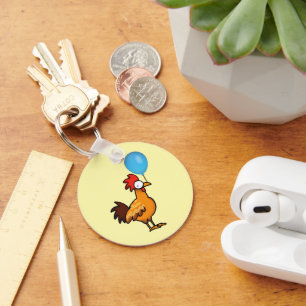 Cartoon Rooster Holding Blue Balloon Keychain