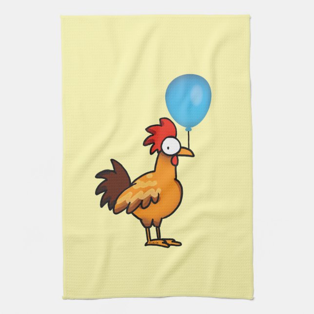 Cartoon Rooster Holding Blue Balloon Kitchen Towel (Vertical)
