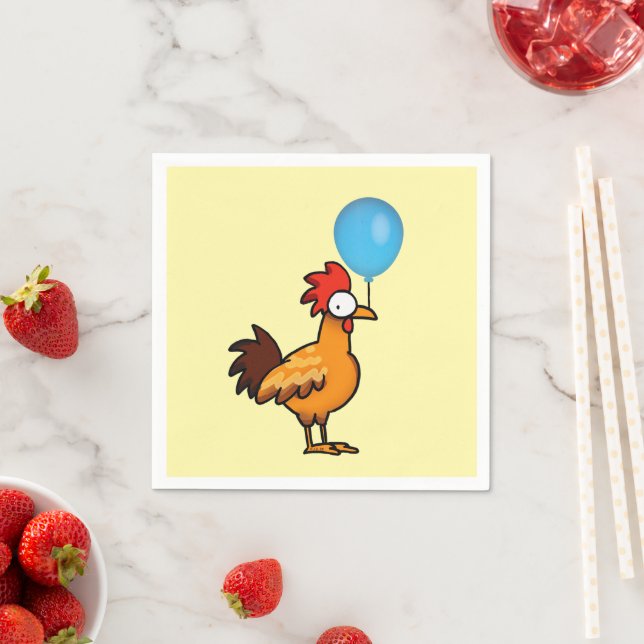 Cartoon Rooster Holding Blue Balloon Napkin (Insitu)