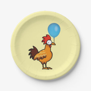 Cartoon Rooster Holding Blue Balloon Paper Plate