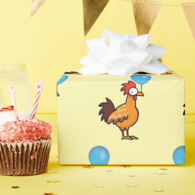 Cartoon Rooster Holding Blue Balloon Wrapping Paper (Birthday Party)