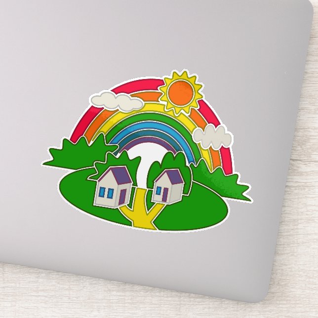 Cartoon rural scene with rainbow and country house (Detail)