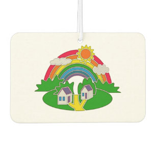 Cartoon rural scene with rainbow and country house air freshener