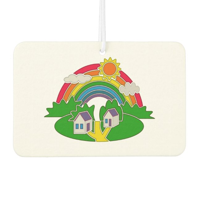 Cartoon rural scene with rainbow and country house air freshener (Front)