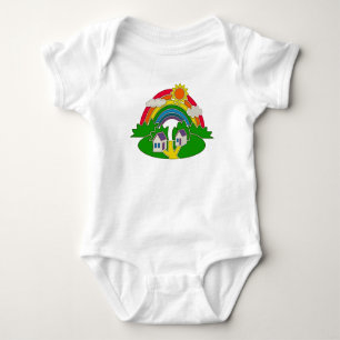 Cartoon rural scene with rainbow and country house baby bodysuit