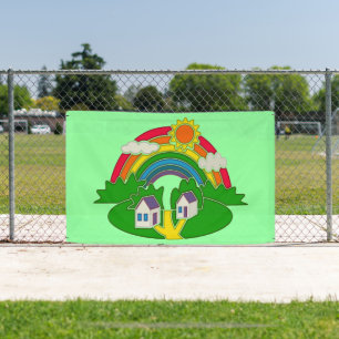 Cartoon rural scene with rainbow and country house banner
