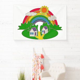 Cartoon rural scene with rainbow and country house banner