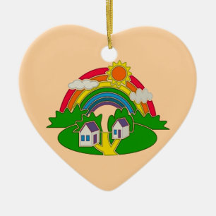 Cartoon rural scene with rainbow and country house ceramic ornament
