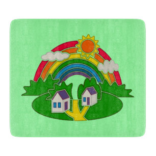 Cartoon rural scene with rainbow and country house cutting board