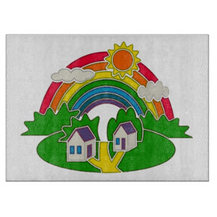 Cartoon rural scene with rainbow and country house cutting board