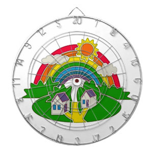 Cartoon rural scene with rainbow and country house dartboard