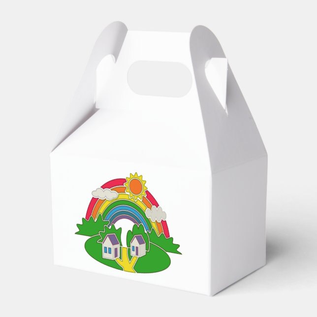Cartoon rural scene with rainbow and country house favor box (Front Side)