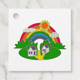 Cartoon rural scene with rainbow and country house favour tags