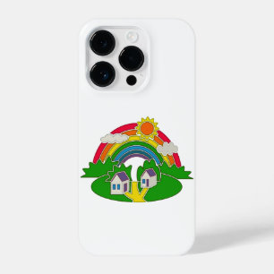 Cartoon rural scene with rainbow and country house iPhone 14 pro case