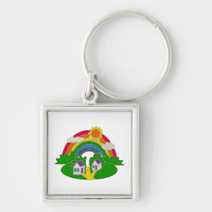 Cartoon rural scene with rainbow and country house keychain