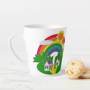Cartoon rural scene with rainbow and country house latte mug