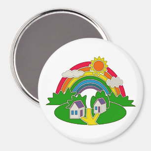 Cartoon rural scene with rainbow and country house magnet