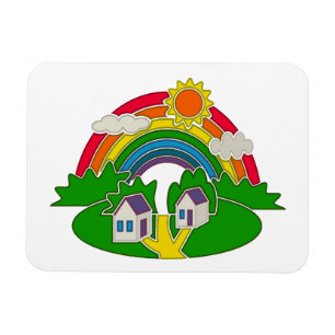 Cartoon rural scene with rainbow and country house magnet