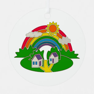 Cartoon rural scene with rainbow and country house metal ornament
