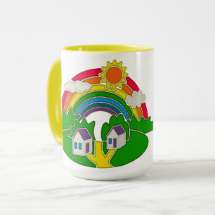 Cartoon rural scene with rainbow and country house mug