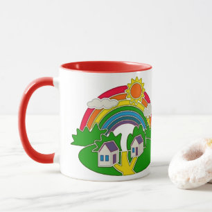 Cartoon rural scene with rainbow and country house mug