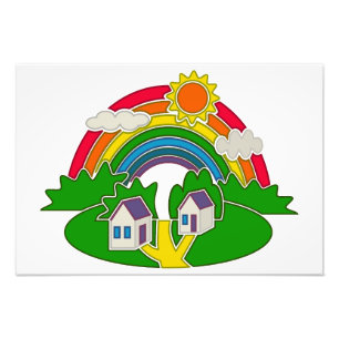 Cartoon rural scene with rainbow and country house photo print