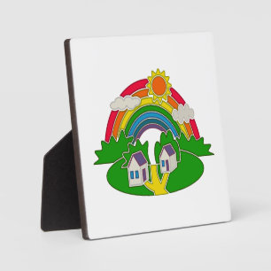 Cartoon rural scene with rainbow and country house plaque