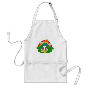 Cartoon rural scene with rainbow and country house standard apron