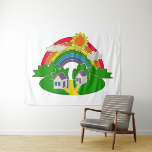 Cartoon rural scene with rainbow and country house tapestry