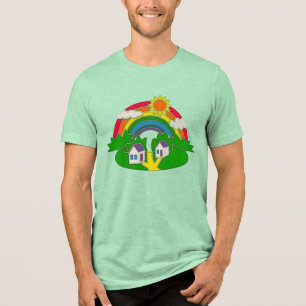 Cartoon rural scene with rainbow and country house Tri-Blend shirt