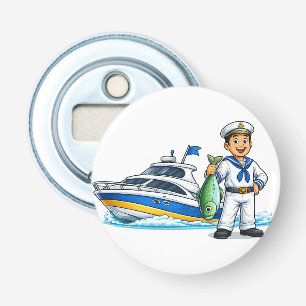 Cartoon Sailor with Yacht and Fish Nautical Art Bottle Opener