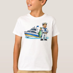 Cartoon Sailor with Yacht and Fish Nautical Art T-Shirt