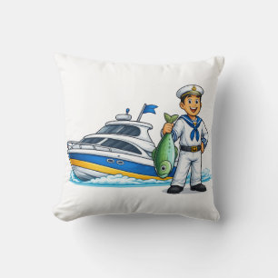 Cartoon Sailor with Yacht and Fish Nautical Art Throw Pillow
