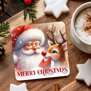 Cartoon Santa and Rudolph Cute Christmas Coasters
