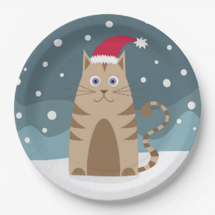 Cartoon santa cat, xmas pet kitty santa hat paper plate