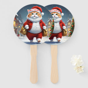 Cartoon Santa Christmas Cat, Hand Fan