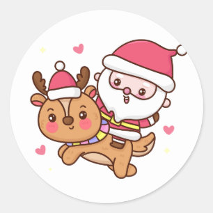 Cartoon Santa Claus riding reindeer Classic Round Sticker