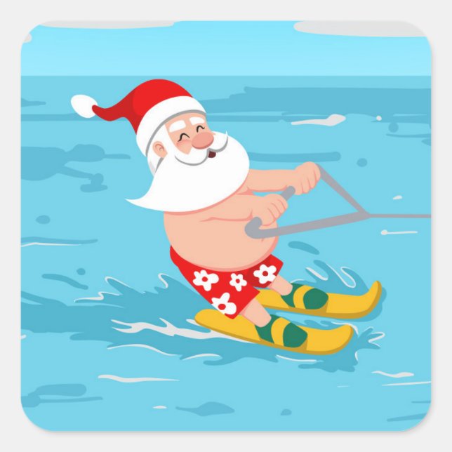 Cartoon Santa Claus water skiing Square Sticker (Front)