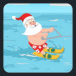 Cartoon Santa Claus water skiing Square Sticker<br><div class="desc">Santa Claus man christmas, 
happiness funny beard cheerful, 
merry smile smiling beautiful , 
tropical cartoon fun speed, 
cute water skiing travel , 
wave beach recreation , 
ski ocean extreme illustration, 
sport happy vacation sea, 
water summer holiday, 
christmas Santa Claus man , </div>