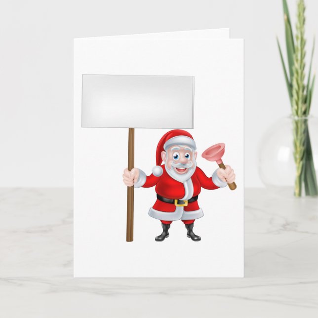 Cartoon Santa Holding Sign and Plunger Holiday Card (Front)