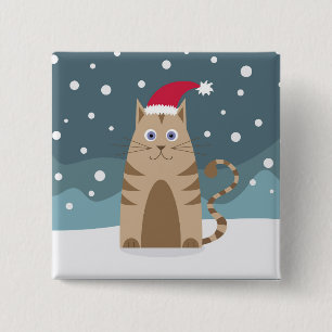 Cartoon santa kitten in snow forest 2 inch square button