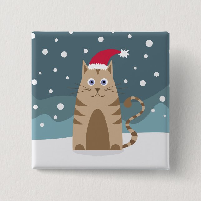 Cartoon santa kitten in snow forest 2 inch square button (Front)