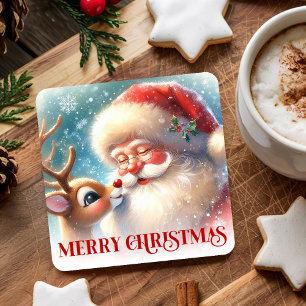 Cartoon Santa Rudolph Cute Christmas Coaster Print