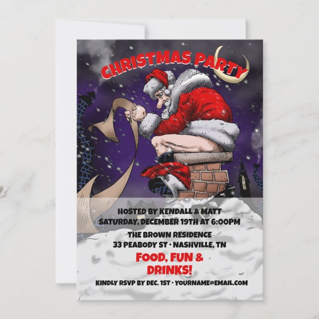 Cartoon Santa sitting on the chimney Invitation (Front)
